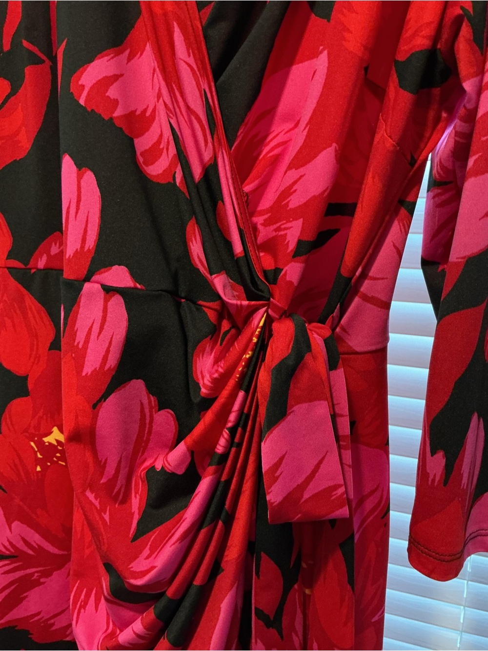 INC International Concepts Faux Wrap Dress with Red & Pink Floral Pattern - Picture 3 of 4